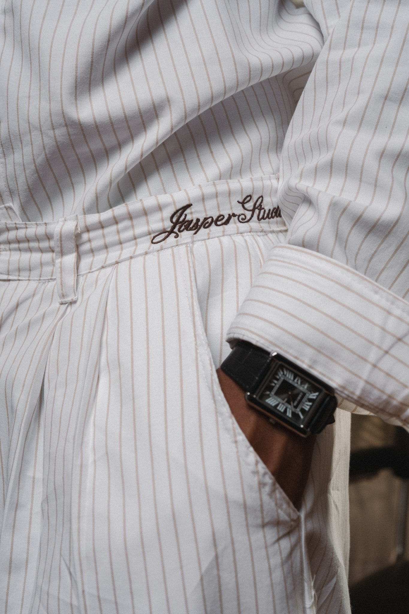 Pinstripe Wide-Leg Trousers — Pinstripe Beige - Jasper
